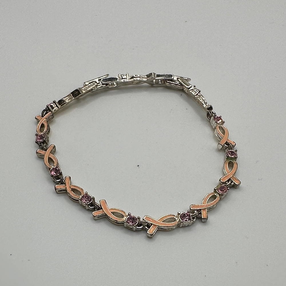 Women's Pink Ribbon Link Bracelet with Pink Stones